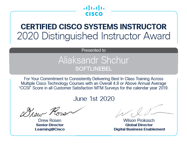 Александр Щур Cisco Certified Instructor Awards 2020